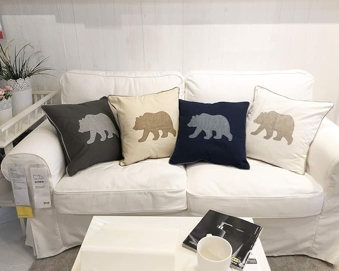 Animal Cotton Throw Pillow Covers Bear Pattren Embroidered 18x18 Inches for Couch Cushions Covers (White) … …