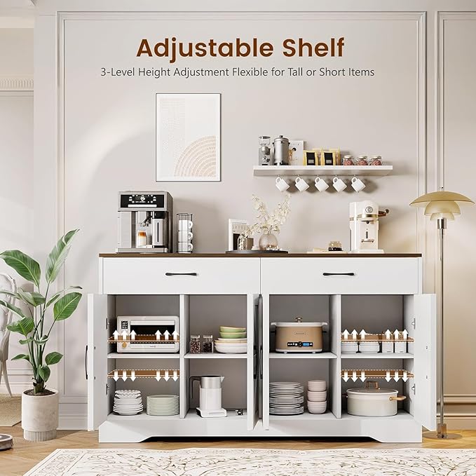 Sideboard Buffet Cabinet with Storage, Large Kitchen Storage Sideboard with Drawers & Doors, Modern Wood Farmhouse Coffee Bar Cabinet, Buffet Table for Kitchen, Living Room, White, 15.1"*55.1"*31.8"