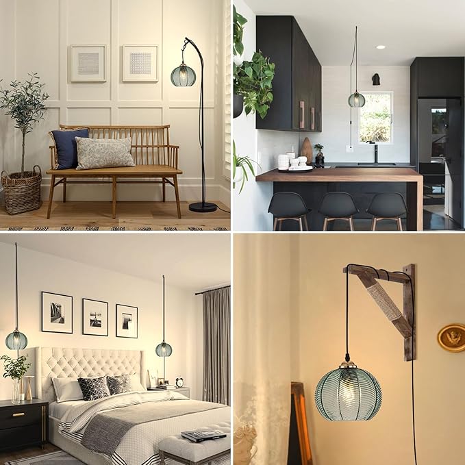 Plug in Pendant Light, Green Glass Pendant Light 14.75ft Hanging Light with Plug in Cord Hand Blown 1-Light Hanging Lamp Plug in Pendant Lighting for Kitchen Bedroom Living Dining Room