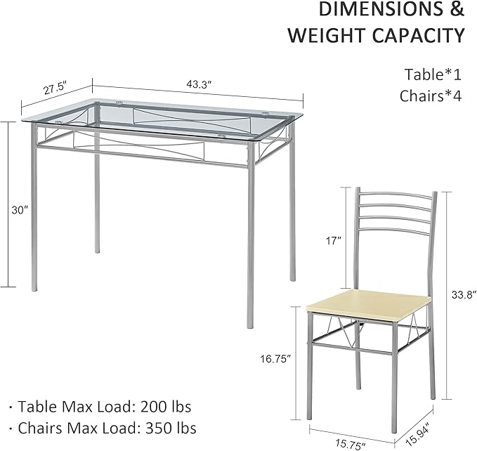 VECELO Kitchen Dining Room Table and Chairs 4, 5-Piece Dinette Sets, Space Saving (Silver)