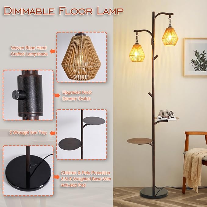 Hsyile Arc Floor Lamp with Cage Shade,Rattan&Fabric Boho Floor Lamps for Living Room Bedroom,Rust Color Industrial Dimmable Floor Light,Farmhouse Rustic Tall Lamp for Office Reading