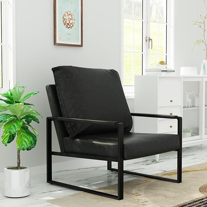 AWQM Modern PU Leather Accent Chair Arm Chair with Extra-Thick Padded Backrest and Seat Cushion Sofa Chairs for Living Room Bedroom, 105 Degree Slant Back, Non-Slip Adsorption Feet-Black（Set of 1）