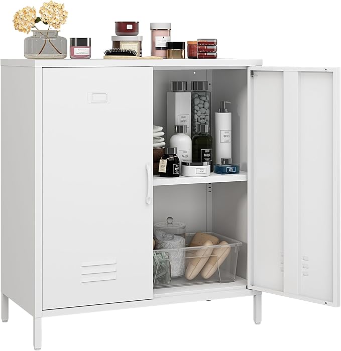 Metal Storage Cabinet with 2 Door, Steel Locker Sideboard Buffet Cabinet Console Table for Home Office (White, H35.43'')