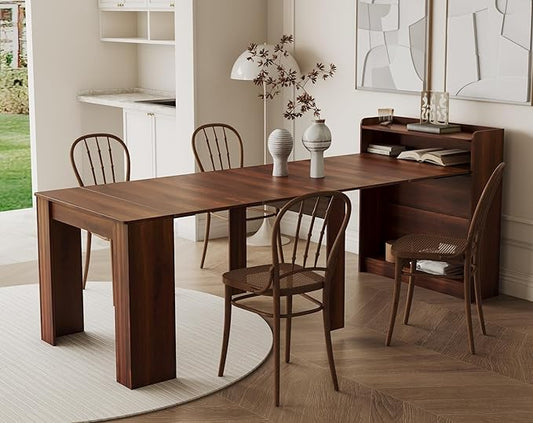 KEIKI 30”-99”L Extendable Foldable Dining Room Table with Storage for 1-10 People, Wood Modern Rustic Rectangle Expandable Kitchen Living Meeting Room Furniture, 5 Tabletop Length Options, Walnut
