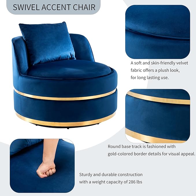 Merax 360° Swivel Accent Chair 32.6" Velvet Modern Upholstered Barrel Chair Comfy Soft Round Reading Sofa Chair with Seat Cushion for Living Room, Bedroom, Office, Apartment (Blue)