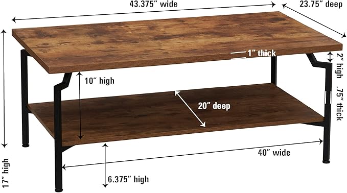 Household Essentials Crown Rectangular Coffee Table with Storage Shelf Rustic Hickory Wood Grain and Black Metal