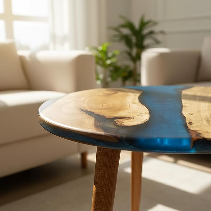 20" Resin Walnut Round Side Table | Epoxy End Table | Coffee Table | Mid Century Modern Resin Walnut | Living Room Furniture | Blue Color