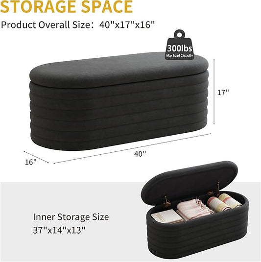 Ball & Cast Storage Ottoman Bench, 40" Chenille Upholstered Storage Bench for Bedroom End of Bed,Oval Ottoman with Storage,Entryway Bench with Safty Hinges for Living Room,Black