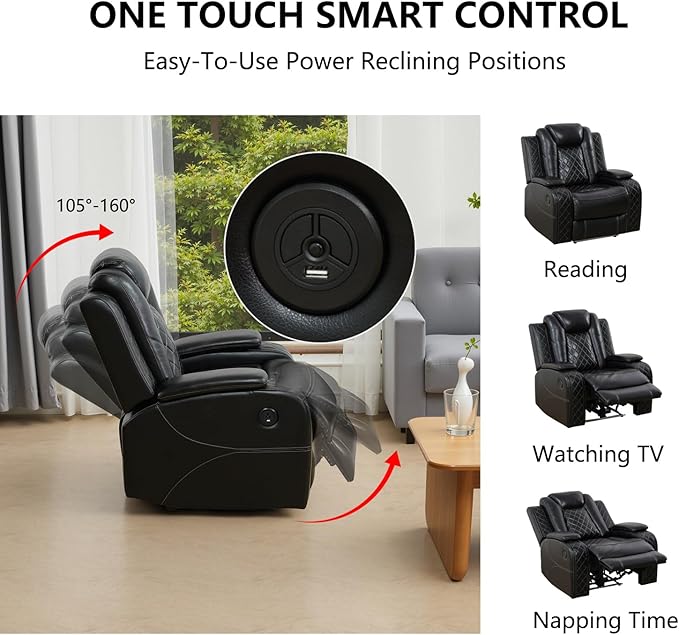 Power Recliner with LED, Black Leather Reclining Chair for Living Room, Muti-Functional Recliner with Storage Armrest/USB Ports for Living Room/Bedroom/Office