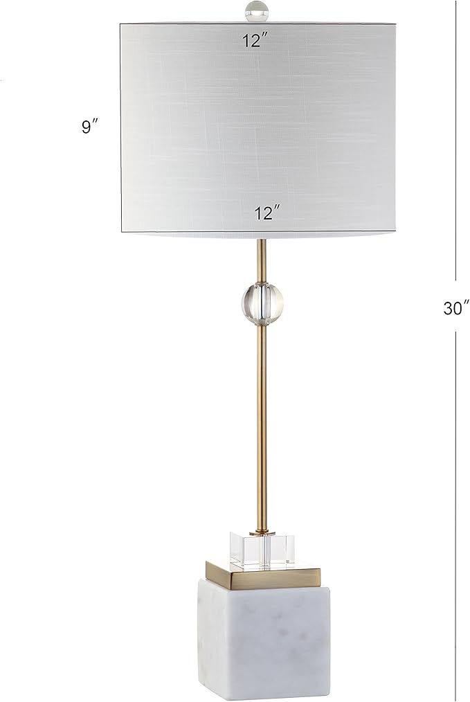 JONATHAN Y 30" White Marble and Brass Gold LED Table Lamp Set of 2, Modern Glam Crystal Pedestal Lamps for Living Room Bedroom, White Linen Shade, LED Bulbs Included JYL5008A-SET2