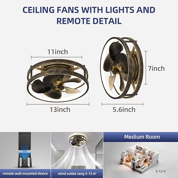 Small Ceiling Fans with Lights with Remote 13" Low Profile Flush Mount Modern Fandalier LED Smart Light Fan,Modern Lighting Fans for Bedroom Living Room (Black Golden)