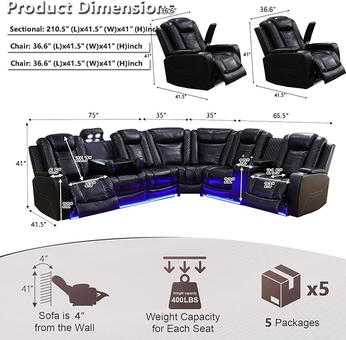 Power Reclining Sectional Sofa Set, Living Room Furniture Sets, Leather Recliner Corner Couches and 2 Chairs, Power Recliner Sectional with Cup Holder/Storage Console for Living Room