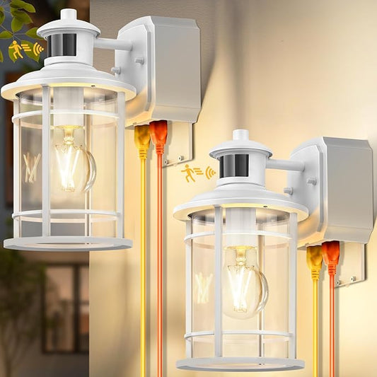 Redluck 2 Pack White Porch Lights with GFCI Outlet, Dusk to Dawn Motion Sensor Outdoor Lights, 3 Lighting Modes Exterior Light Fixture, Waterproof Anti-Rust Alunmium Outside Light for Patio Entryway