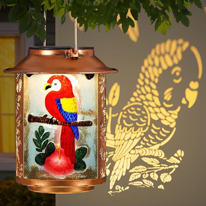 Parrot Solar Lanterns Outdoor Waterproof,Birthday Gifts for Women Mom Grandma Garden Decor,Hanging Solar Lights Wall Mount Decorations for Yard,Front Porch,Patio,Lawn Pathway Landscape
