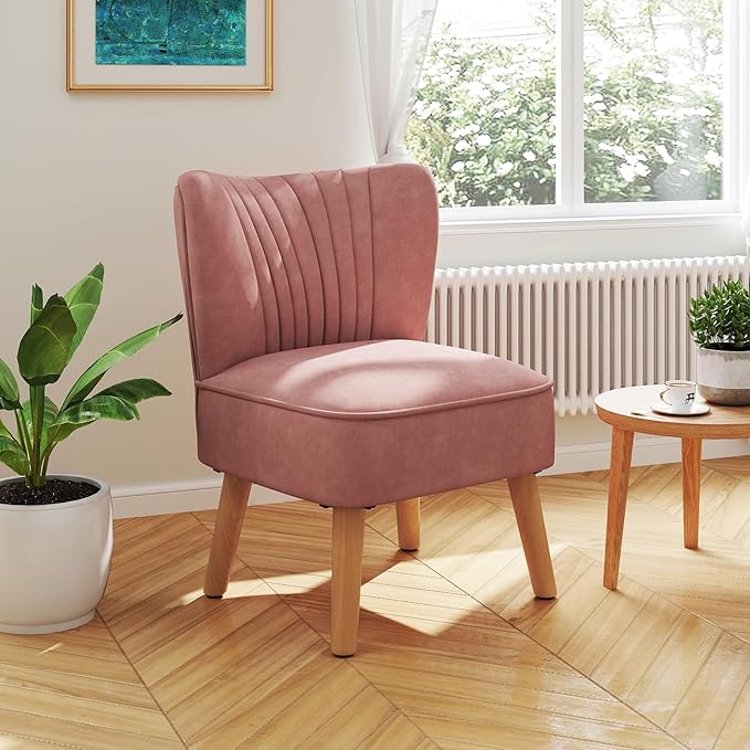 KOMFOTT Velvet Accent Chair Set of 2, Modern Armless Sofa Chair with Solid Rubber Wood Legs, Wingback Leisure Chair with Thick Cushion, Upholstered Side Chair for Living Room, Bedroom, Pink