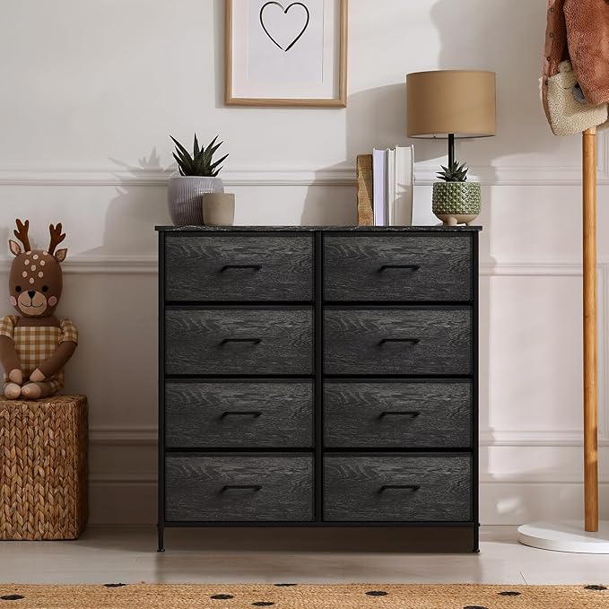 Sorbus Dresser with 8 Faux Wood Drawers - Chest Organizer Unit with Steel Frame Wood Top & Handle Easy Pull Fabric Bins for Clothes - Storage Furniture for Bedroom, Hallway, Living Room & Closet