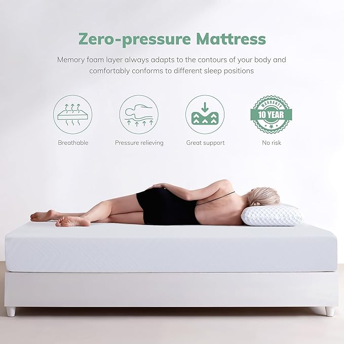 MLILY EGO White 8 Inch Queen Memory Foam Mattress, Gel Green Tea Mattress Bed in a Box, CertiPUR-US Certified, Double Mattress, 60"x80", Medium Firm