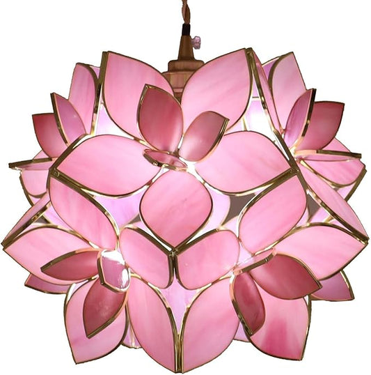 Bieye L10914 Petals Tiffany Style Stained Glass Ceiling Pendant Light for Home Decoration (Pink, 12" Rose Lily)
