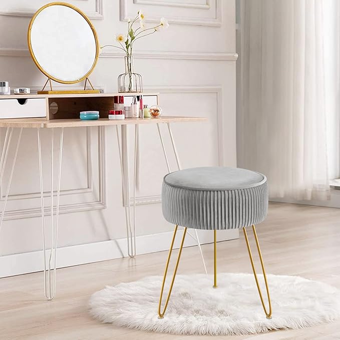 GERANT Multifunctional Vanity Stool,Modern Stools for Makeup Room,Velvet Round Ottoman Footrest Stool with Metal Legs, Upholstered Pleated Chair Living Room,Office, Artistic Gray, (ZG001)