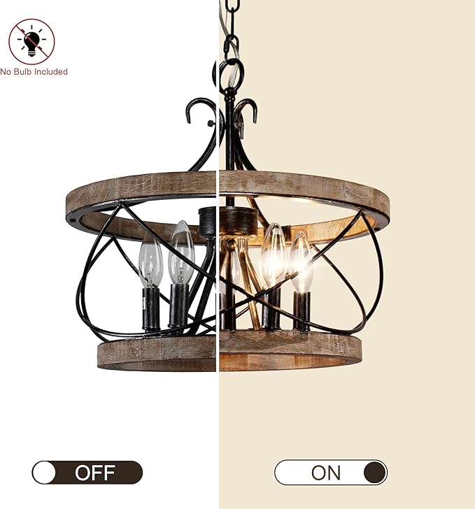 20" Farmhouse Chandelier, 5-Light French Country Drum Chandelier Over Table, Wood Chandelier for Kitchen Island Dining Room Entryway