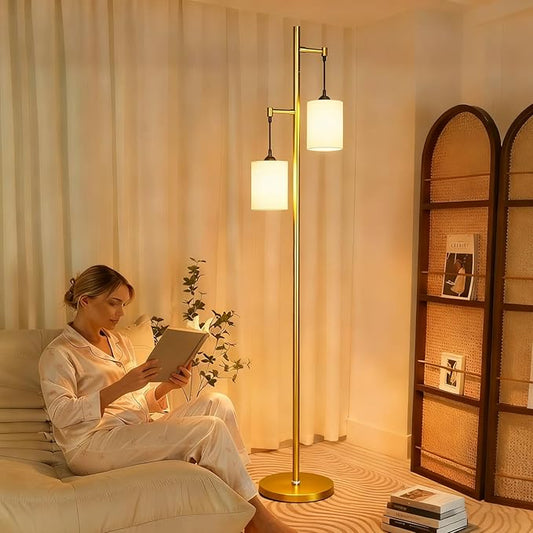 Lightdot 65IN Gold Floor Lamp for Living Room, Industrial 2-Light Tree Floor Lamps with Linen Shade, Mid Century Modern Standing Tall Pole Lamp for Bedroom/Sofa Beside/Corner Decor-Gold(Bulb Included)
