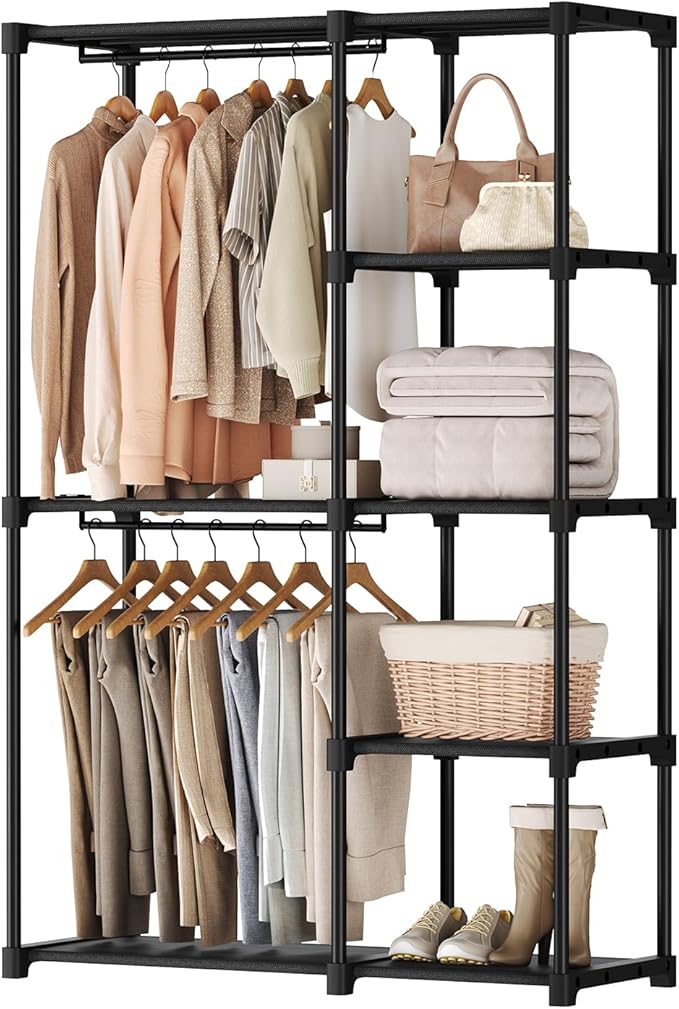 OLIXIS Portable Wardrobe Closet with Hanging Rods, 44 Inch Portable Clothing Rack with Shelves, Heavy Duty Clothes Rack, Freestanding Closet Organizer, 44" L x 15.7" W x 65" H