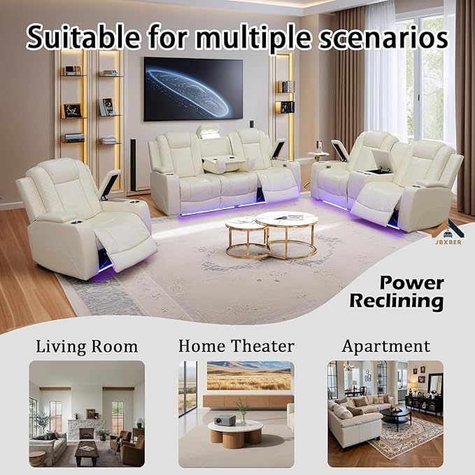 Power Reclining Sofa Set for Living Room, Leather Recliner Couch Set with Drop-Down Table, Power Pads, Cup Holders, Storage Console for House/Home Teather(Sofa, Loveseat and Chiar, Cream)