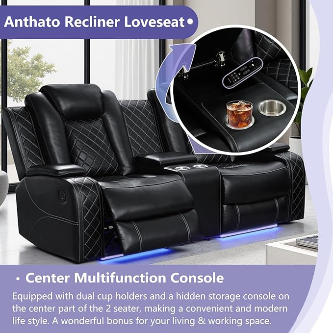 Power Reclining Sofa Set, 3PCS Living Room Set with Recliners, Luxury Recliner Loveseat & 2 Chairs with Cup Holders/Charging, Breathing Leather Reclining Couch for Home Theater/Office, Black