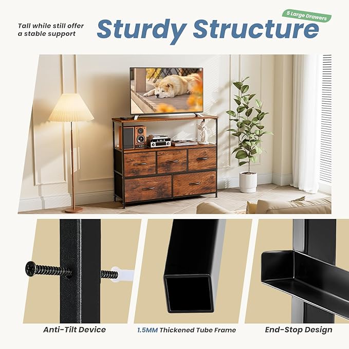 NEWBULIG 5 Drawer TV Stand with Wood Top, Entertainment Center for 45 inch TVs & Fabric Storage Organizer, Adjustable Feet, for Bedroom & Living Room,Brown02