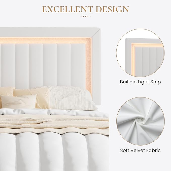 SHA CERLIN Full Size Velvet Bed Frame with LED Light, Adjustable Vertical Channel Tufted Headboard, Strong Wooden Slats Support, Noise-Free, No Box Spring Needed, White