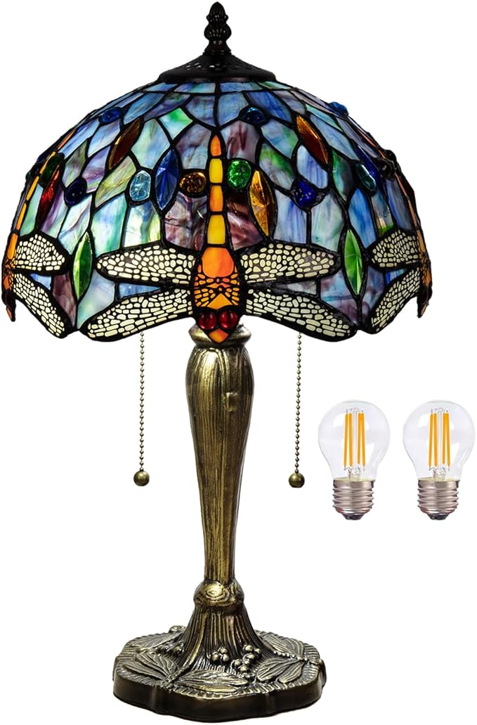 Tiffany Table Lamp, 12 Inch Dragonfly Stained Glass Lamp,Tiffany Style Lamp for Bedroom Living Room Home, Handcrafted Light, Included Bulb