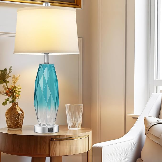 26" Touch Table Lamps Set of 2 for Bedrooms, 3 Way Dimmable Living Room End Table Lamps with Teal Blue Diamond Texture, Modern Glass Bedside Nightstand Lamps with USB C A Port, Bulbs Included