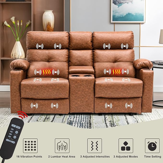 Power Reclining Loveseat with Console, Power Loveseat Recliner Sofa with Heat and Massage, Extending Footrest, RV Recliner Sofa with Lumbar Support, Side Pocket for Living Room