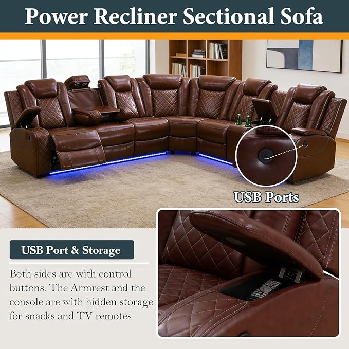 Power Recliner Sectional Sofa Set, Brown Leather Sectional Couch and Loveseat for Living Room, L Shape Reclining Sofa with Cup Holder, Hidden Storage, Coffee Table for House(8 Seat)