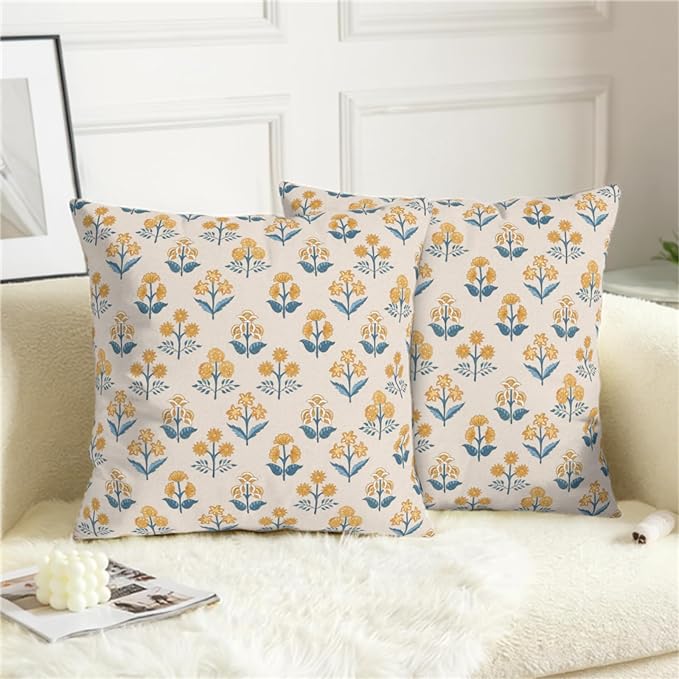 Blue Yellow Block Print Pillow Covers 18x18 Set of 2 Vintage Boho Floral Throw Pillows Case Fall Rustic Outdoor Pillowcases Modern Farmhouse Home Decor for Couch Sofa Living Room