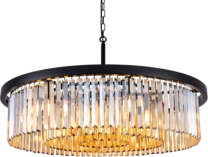 Wellmet Crystal Chandeliers for Dining Room,3 Tiers Black Farmhouse Chandelier for Bedrooms,9 Lights Modern Light Fixture for Kitchen Island,Living Room,Hallway,Golden Teak,W-33.46”
