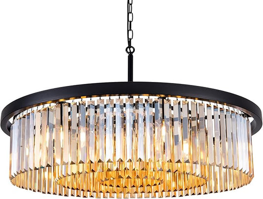 Wellmet Crystal Chandeliers for Dining Room,3 Tiers Black Farmhouse Chandelier for Bedrooms,9 Lights Modern Light Fixture for Kitchen Island,Living Room,Hallway,Golden Teak,W-33.46”