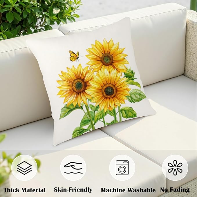 Sunflower Throw Pillow Covers 16x16 Set of 2 Watercolor Yellow Floral Decorative Pillow Cases Summer Outdoor Farmhouse Throw Pillows for Home Couch Sofa Porch Living Room