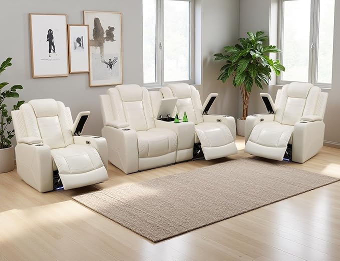 Power Recliner Sofa Set, Breathing Leather Reclining Couch Chair Set, Living Room Furniture Sets, Reclining Loveseat & 2 Chairs with Cupholders/Storage/Charging for Living Room, Cream White