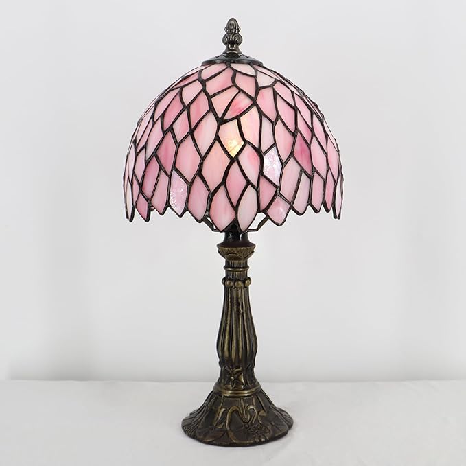 Small Tiffany Lamp Mini Accent Table Lamp Stained Glass Desk Memory Lamp Sympathy 8X14.5 Inch (Pink Wisteria)