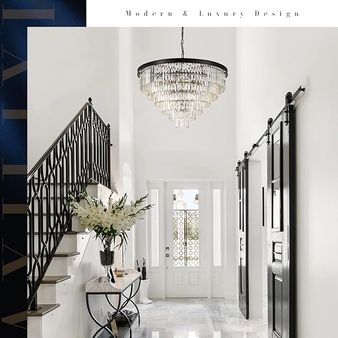 35'' Large Crystal Chandeliers 6-Tier Modern Black K9 Crystal Ceiling Pendant Light 22-Light Luxury Round Crystal Chandelier for High Ceiling Entryway Staircase Living Room Foyer
