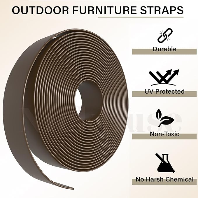 30' ft Vinyl Strap Outdoor Patio Lawn Furniture Repair Strap Strapping 2 Inch Wide Vinyl Strapping Replacement Straps for Patio Chairs Outdoor Lawn Furniture Repair Strap (Dark Brown) + 20 Rivets