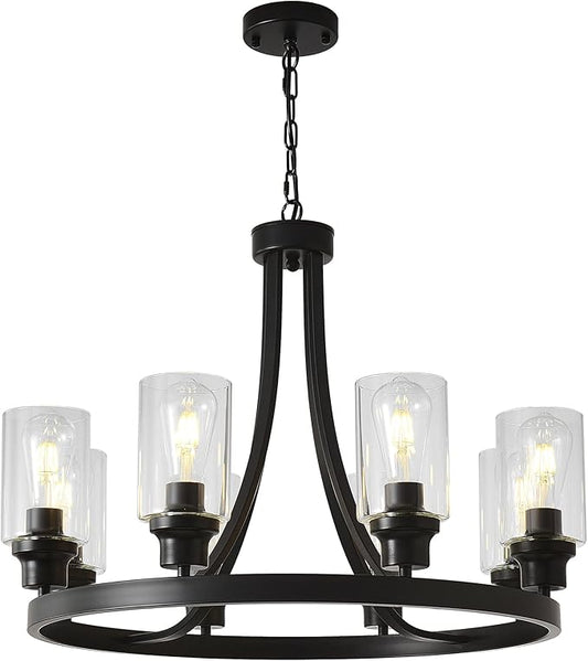 Black Chandelier 8 Lights, Kitchen Island Lighting Industrial Chandelier with Clear Glass Shade, Farmhouse Pendant Light for Dining Room Living Room Bedroom