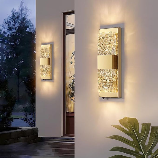 Dusk to Dawn Outdoor Lighting,Porch Lights Outdoor 14.2'' IP65 Waterproof Exterior Lighting Fixtures 12W LED Crystal Modern Outdoor Sconce Lights for House Hallway Doorway Patio, Gold, 1PCS
