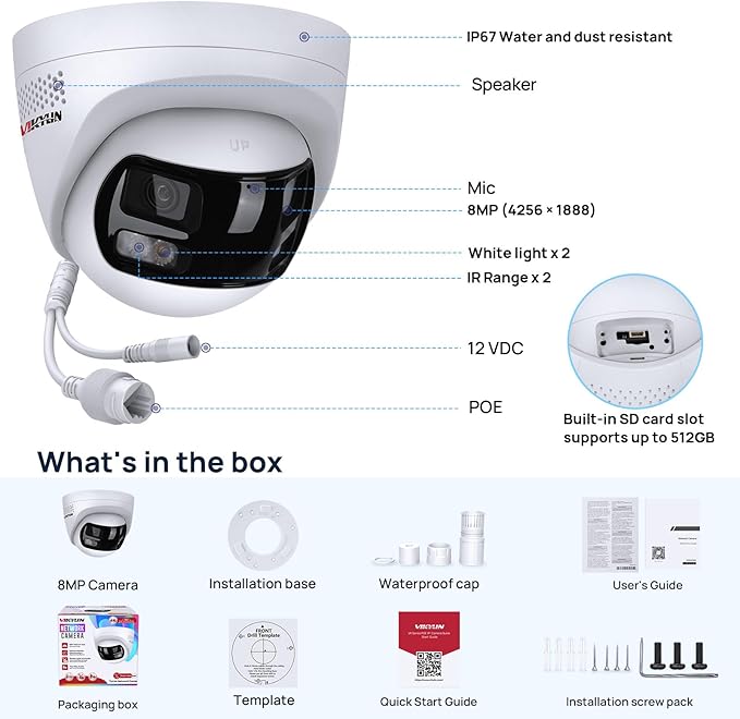 VIKYLIN 8MP 4K Dual Lens Poe IP Security Camera with 180° Panoramic Wide Angle,Smart Hybrid Light, Human/Vehicle Detection, Strobe Light&Audible Warn,2-Way Audio, 512 GB SD Card Slot,IP67 (2mm Lens)