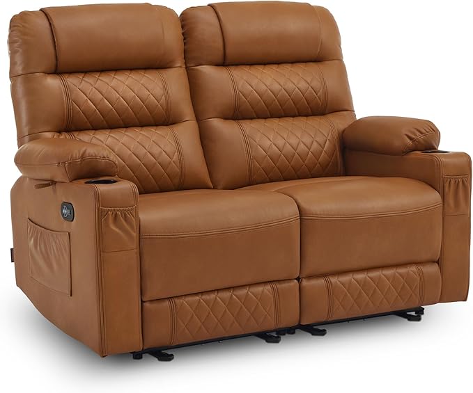 MCombo 56.3" Zero Gravity Power Loveseat Recliner with Heat and Vibration Massage, Reclining Loveseat Sofa with USB Ports, Cup Holders for Living Room, Faux Leather PR622Sets (Saddle)