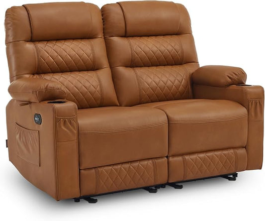 MCombo 56.3" Zero Gravity Power Loveseat Recliner with Heat and Vibration Massage, Reclining Loveseat Sofa with USB Ports, Cup Holders for Living Room, Faux Leather PR622Sets (Saddle)