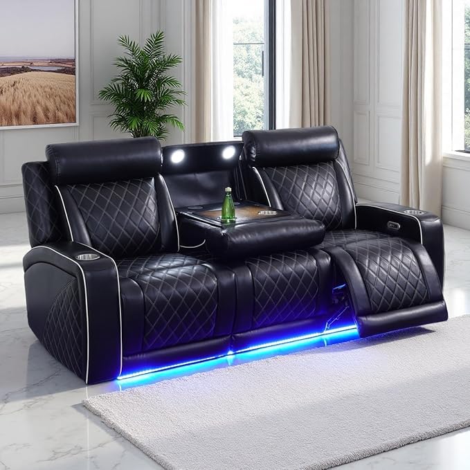 Power Recliner Sofa Couch, Living Room Furniture Sets, Breathing Leather Reclining Couch with Cup Holders/Charging/LED, 3 Seat Black Recliner Sofa with 2 Reclining Seat for Home Theater/Office