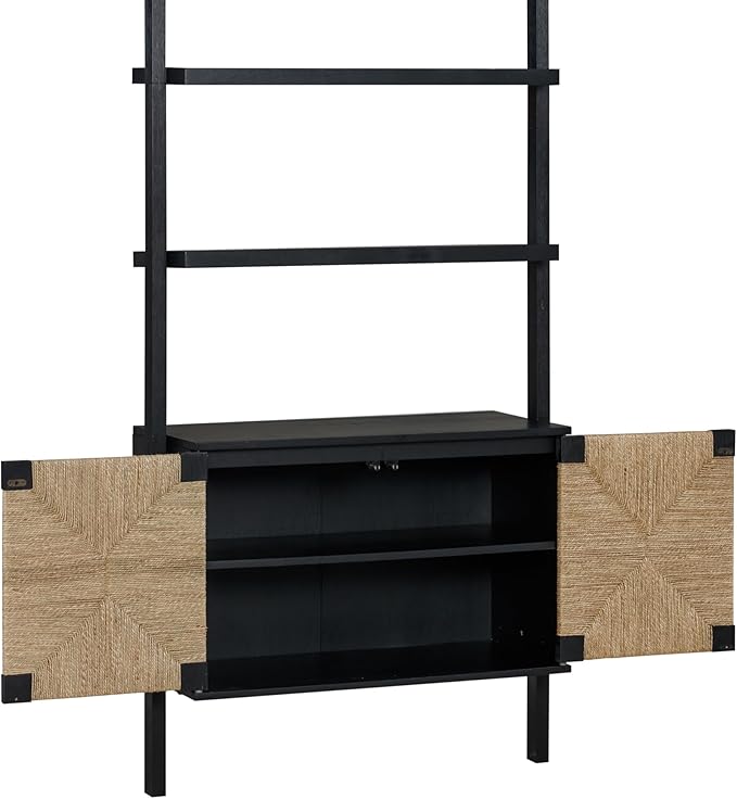 Nathan James Beacon Bohemian TV Stand, TV Wall Unit with Shelves and Accent Storage Cabinet with Solid Wood Legs and Seagrass Door Fronts, Black