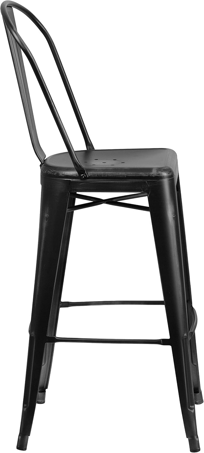 Flash Furniture Commercial Grade 30" High Distressed Black Metal Indoor-Outdoor Barstool with Back